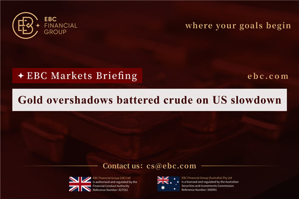 Gold overshadows battered crude on US slowdown